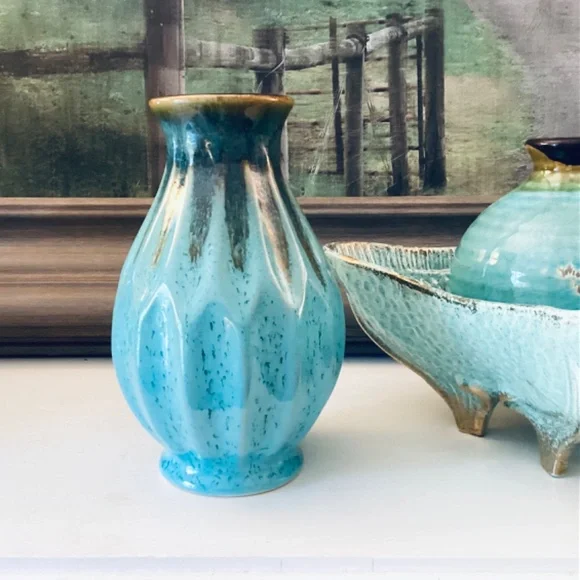 Turquoise Ceramics Set Of 3 Mixed Pieces Vases Square Bowl Home Accents Decor - Picture 5 of 12